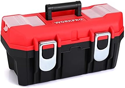 WORKPRO Tool Box Portable 16" with Removable Tray Heavy Duty Toolbox with 2 Metal Latches, Rated up to 33 Lbs, PP Plastic Small Tool Boxes with Lock Secured, Small Parts Organizer in Lid, black & red Workpro