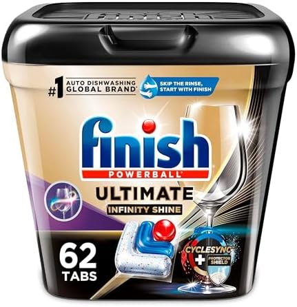 Finish Ultimate Plus Infinity Shine Dishwasher Pods, No Pre-Rinse Dishwasher Detergent Tabs with Protector Shield & CycleSync Technology, Removes Burnt-On Stains, Degreases, Scrubbing Power, 62 Count Finish