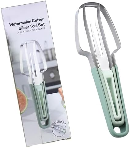 3-in-1 Watermelon Fork Slicer Cutter,Watermelon Cutter Slicer Tool,Stainless Steel Watermelon Windmill Cutter,Melon Cutter Knife Portability Fruit Fork for Kitchen, picnicking (Green) Hanzoto