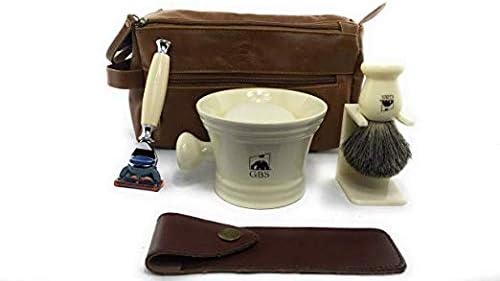 G.B.S Men's Deluxe Grooming Ivory Set- 5 Blade Razor with Travel Case, Synthetic Bristle Brush and Stand, 4.5in Diameter Ceramic Mug, Mesh Toiletry Travel Bag ahd Natural Glycerin Shave Soap G.B.S