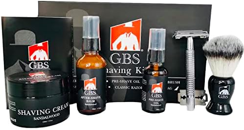 G.B.S Shaving Gift Set - DE Butterfly Safety Razor, Brush Pre shave Oil, Shaving Cream, Aftershave balm + Blades G.B.S