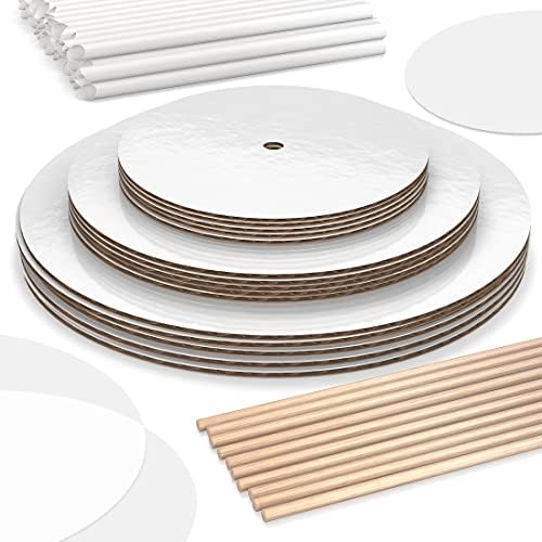 Cake Boards Tiering Kit - Cake Board 10 Inch, 8 Inch, and 6 Inch (5 Pieces Each) With Parchment Paper Rounds, Wooden Dowels, and Straw Dowels - Cardboard Cake Rounds Stacking Kit [130 Pieces] BLUSHORE