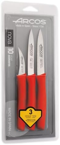 ARCOS Paring Knife Set 2 Pieces. 2 Peeling Knives of Stainless Steel and Ergonomic Polypropylene Handle for Cutting Fruits, Vegetables and Tubers. Series Nova. Color Red Arcos