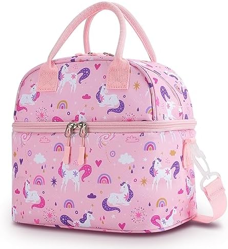 2 Compartment Lunch Bag Kids, Insulated Lunch Box for Girls Boys Toddler Daycare School, Large Lunch Tote Bag for Kids with Shoulder Strap (Magic Unicorns) LUREMADE