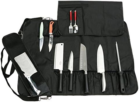 HERSENT Knife Roll, Chef Knife Roll Bag With 17 Slots Can Holds13 Knives,1 Meat Cleaver, And 3 Utensil Pockets,Durable Knife Case With Handle, Shoulder Strap & Zippered Mesh Pocket Holder HERSENT