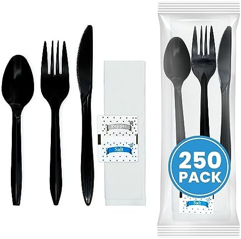 Individually Wrapped Plastic Cutlery Set with Napkin + Salt & Pepper Packets in Black (50 Count) Prewrapped Disposable Silverware Bags, Bulk Utensils: Fork, Knife, and Spoon for Togo Eating Stock Your Home