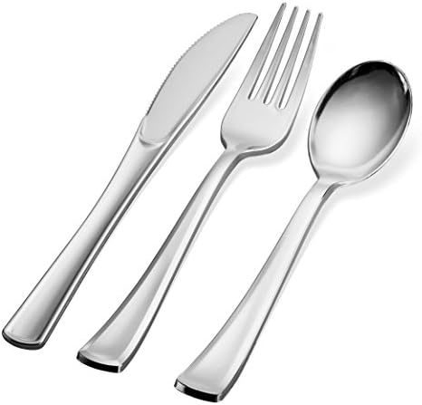 Plastic Silverware Set- Silver Flatware Set- Heavy Duty Cutlery Set - Bulk Combo Value Pack 160 count 40 Knives 80 Forks 40 Spoons Party Supplies - Tepco Settings Tepco Settings