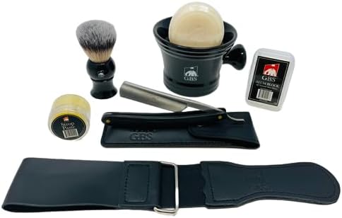 G.B.S Men's Shaving Set- Deluxe Straight Razor 6/8in Carbon Steel Razor, Shaving Mug, Synthetic Bristles Brush, Shaving Soap Razor Case, Alum Block and Strop G.B.S