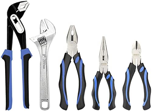 5-piece Pliers Set Home Maintenance Tool Kit for Men, Including Groove Joint, Long Nose, Diagonal Cutting, Adjustable Wrench and Linesman Pliers, with Storage Pouch Urasisto