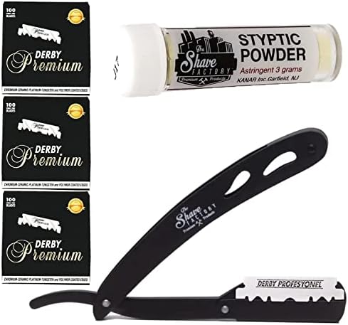 The Shave Factory - Shave Kit, Straight edge razor, single edge razor and styptic powder, starter shave kit, shaving kit (Black Razor/Premium Single Edge/Styptic Powder) The shave factory