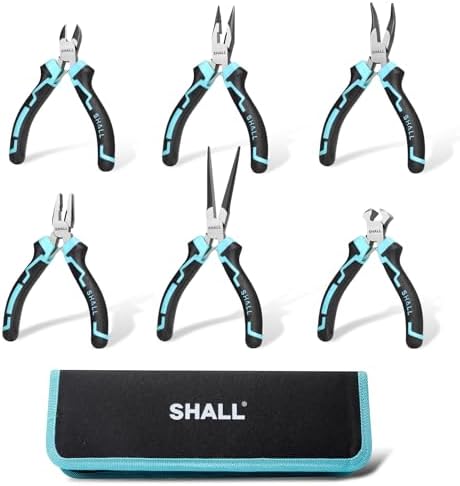 SHALL Mini Pliers Set, 6-Piece Small Pliers Tool Set Includes Needle Nose, Long Nose, Bent Nose, Diagonal, End Cutting and Linesman for Making Crafts, Electronic Repairing & Jewelry with Pouch Shall