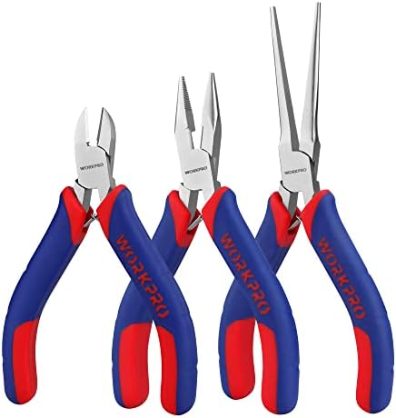 WORKPRO Mini Pliers Set, 3-Piece Small Pliers Tool Kit Includes 4” Diagonal Plier, 5” Long Nose Plier, 6” Needle Nose Plier, for Making Crafts, Repairing Electronic Devices Workpro