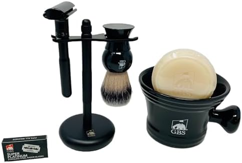 G.B.S Black Adjustable Double Edge Safety Razor and 10 Refill Blades, Shaving Brush, Shaving Soap Mug with Knob Handle, Dual Stand Brush Gift Set for Men G.B.S