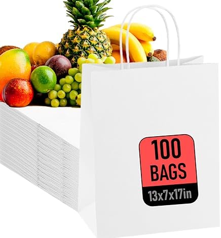 Large Kraft Paper Bags with Handles. 17x13x7. Premium Quality Brown Shopping and Grocery Bags. Pack of 100. Recyclable and Disposable. Ideal for Merchandise, Retail and Large Paper Gift Bags Mr Miracle