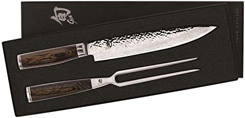 Shun Premier Blonde 2 Piece Carving Set, Includes 9.5" Premier Slicing Knife and Carving Fork, Handcrafted Japanese Knife Set, VG-MAX Core with Damascus Stainless Steel Cladding, Pakkawood Handle Shun