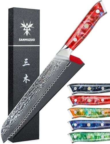 8” Bread Knife Serrated Kitchen Chef Knife - Damascus Steel & Resin Handle - Xuan Series(Fantasy Orange) SANMUZUO