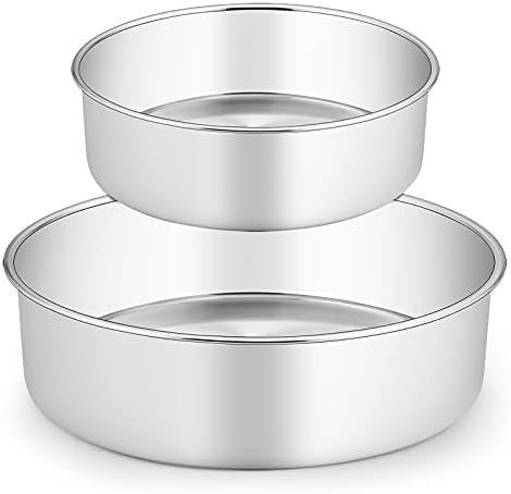 TeamFar Cake Pans, 6/8 Inch Stainless Steel Round Baking Pan for Cake Brownie Lasagna, Non-Toxic & Heavy Duty, 3” Deep Wall & One Piece Design, Smooth & Dishwasher Safe – Set of 2 TeamFar