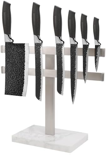 Magnetic Knife Block Holder Stand with Marble Base for Countertop, Stainless Steel Knife Rack with Strong Enhanced Magnets Strip for Kitchen Utensil and Tool Organizers, Brushed Nickel BathAce