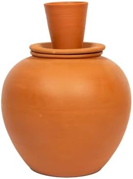 Village Decor Terracotta Water pot With Lid & Glass |Preseasoned Terracotta Mud(Capacity 6000 ml / 202 oz) Village Decor