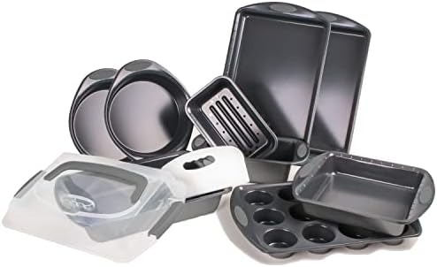 BergHOFF 11Pc Perfect Slice Bakeware Set, Covered Rectangle Cake Pan, Cookie Sheets, Muffin Pan, Loaf Pan, Round, Square and Rectangle Cake Pans, Slicer, Non Toxic, PFOA Free, Grey & Grey BergHOFF