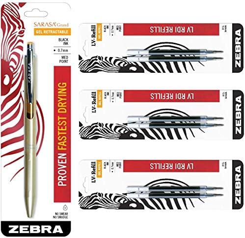 Zebra Sarasa Grand, Retractable Gel Ink Pen, Gold Barrel, Medium Point, 0.7mm, Black Ink, 1-Count Bundle with 6 Refills Zebra Pen