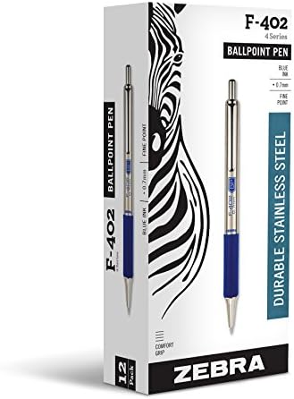 Zebra Pen F-402 Retractable Ballpoint Pen, Stainless Steel Barrel, Fine Point, 0.7mm, Blue Ink, 12-Pack Zebra Pen