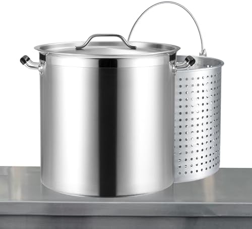 CURTA 50 Quart Large Stock Pot with Lid and Basket, 18/8 Stainless Steel Cooking Pot, Commercial Cookware for Soup, Stew & Sauce, Oven Safe & Dishwasher Safe CURTA