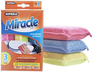 Miracle Microfiber scrubbing Sponges Non-Scratch Sponge Scrubber Heavy Duty Multi-Purpose Cleaning of Dishes, Kitchen, Baths, and Countertops, Machine Washable, 3 Pack, by Superio Superio