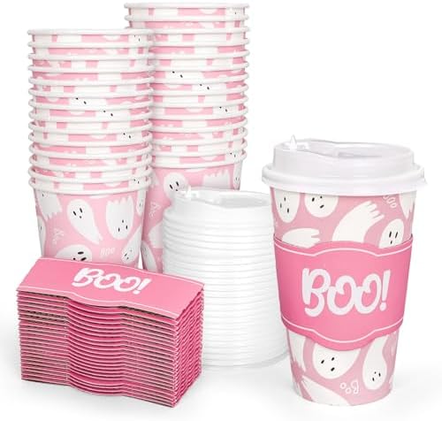 50Pcs Halloween Coffee Paper Cups Pink Cute Ghost Boo Disposable Cups with Lids and Sleeves for Birthday Baby Shower Party Supplies Hot Cold Drinks, 16 Oz JarThenaAMCS