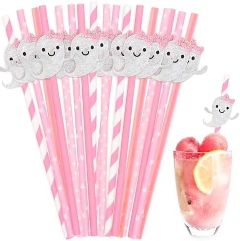 40Pcs Pink Halloween Paper Straws Cute Glitter Ghost Disposable Drinking Straws Spooky Decorative Straws for Party Supplies JarThenaAMCS