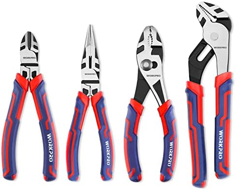 WORKPRO 4-Piece Pliers Set, Premium CR-V Construction Pliers Tool Sets Including Long Nose, Diagonal Cutting, Groove Joint and Slip Joint Pliers, Red Workpro