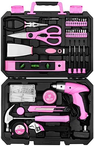 DEKOPRO Pink 98 Piece Tool Set,General Household Hand Tool Kit with Plastic Toolbox Storage Case Dekopro