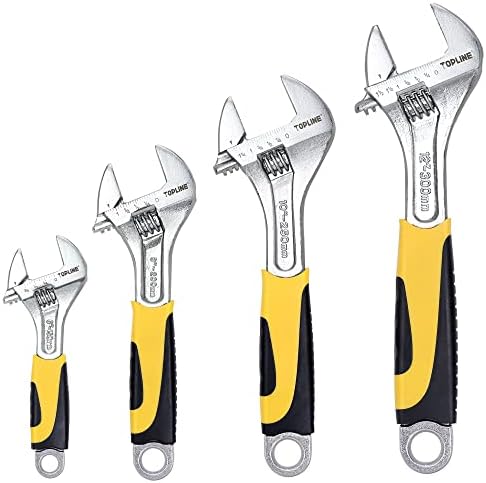 Topline 4-Piece Adjustable Wrench Set with Bi-Material Handles, 12-in, 10-in, 8-in, 6-in, Steel, TPR, Perfect for Basic Home Maintenance and General Applications Topline