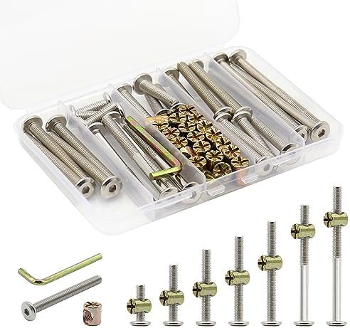 Socell 61pcs Crib Bunk Bed Furniture Hardware Replacement Kit, Stainless Steel Hex Drive Socket Cap Furniture Barrel Screws Bolt Nuts Assortment Kit for Crib Screws with 1 Wrenches(M6x12mm-75mm) Socell