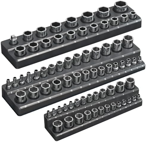 Magnetic Socket Organizer Holder Set – 3PCS Socket Holder Set Tool Organizers Includes 1/4", 3/8" Drive Metric SAE Socket Trays (Sockets are not Included) Black Onsski