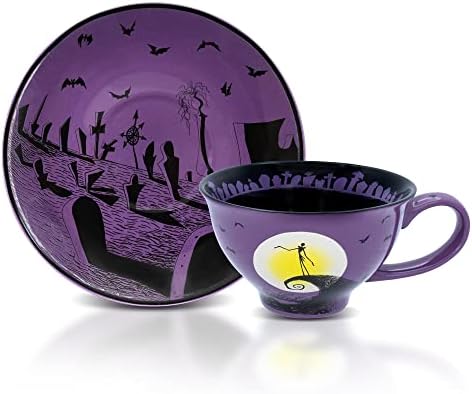 Disney The Nightmare Before Christmas Spiral Hill Ceramic Teacup and Saucer | Tea Party Set For Coffee, Espresso, Mocha Silver Buffalo