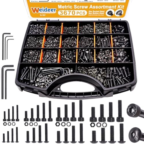 weideer 3670pcs M2 M3 M4 M5 Metric Screw Assortment Kit,Metric Bolt Assortment,12.9 Alloy Steel Hex Socket Head 10.9 Alloy Steel Hex Button Head Machine Screws Nuts Washers with Wrench Weideer