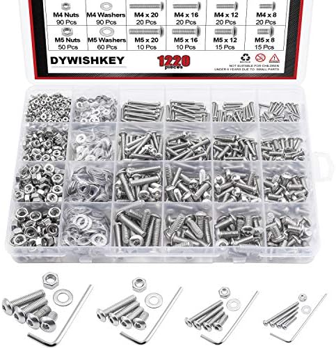 DYWISHKEY 1220 Pieces M2 M3 M4 M5, 10.9 Grade Alloy Steel Hex Button Head Cap Bolts Screws Nuts Washers Assortment Kit with Hex Wrenches DYWISHKEY