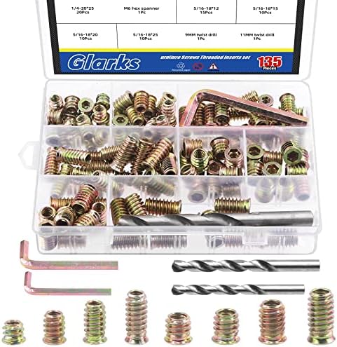 Glarks 134Pcs 1/4"-20 5/16"-18 Furniture Screw in Nut Threaded Inserts Assortment Kit, 10/12/15/20/25mm Wood Inserts Bolt Fastener Connector Hex Socket Drive with Twist Drill and Hex Wrench Set Glarks