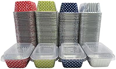 KitchenDance Disposable Aluminum Mini Loaf Pans - 6 Ounces Rectangular Individual Sized Loaf Pans, Aluminum Foil Baking Pans perfect for Cakes, Cobblers - #4004, (Blue Polka Dot- With Lids, 50) KitchenDance.com