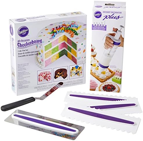 Wilton How to Make a Checkerboard Cake Decorating Set, 7-Piece - with Round Cake Pans, Decorating Tool, Icing Smoother, 3 Icing Combs and Spatula Wilton