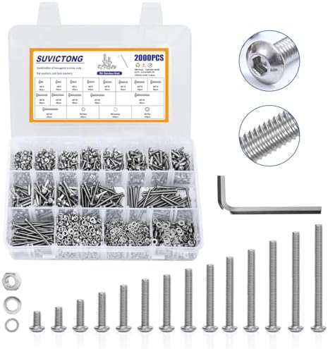 2000Pcs M3 Button Head Hex Socket Cap Screws Metric, SUVICTONG 4-40mm Bolts and Nuts Assortment Kit 12.9 Grade Black Carbon Steel Machine Screws with Washers Nuts and Wrench for 3D Printer SUVICTONG