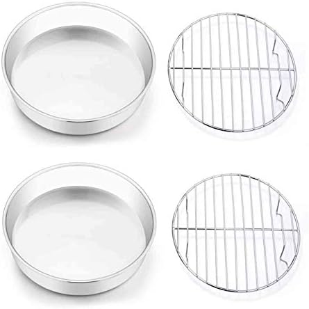 TeamFar 8 Inch Cake Pan and Rack Set of 4, Stainless Steel Round Tier Cake Pans, for Baking Cooling Steaming, Fit in Oven, Pot, Pressure Cooker, Healthy & Mirror Finish, Dishwasher Safe TeamFar