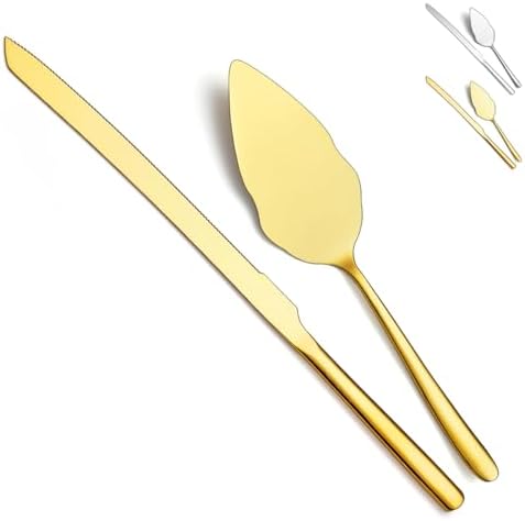 Gold Wedding Cake Knife and Server Set, Stainless Steel Cake Cutting Set for Wedding, Include Cake Cutter and Cake Server for Wedding, Parties, Activities, Family, Dishwasher Safe (Shiny Gold) HOMQUEN