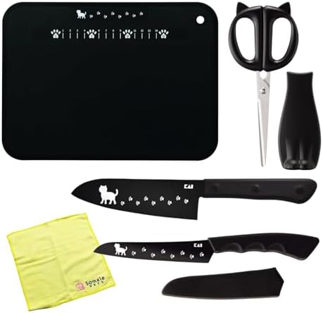 Cute Kawaii Cat-Themed Santoku Knife & Fruit Knife & Kitchen Scissors & Soft Cutting Board & Microfiber Towel Set AB5801,DH2722,DH2721,AP5180 Someie