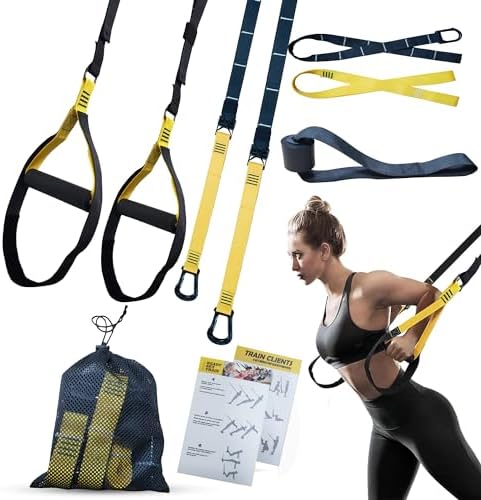 EXERCISE KIT FOR FULL BODY RESISTANCE AND SUSPENSION WORKOUTS, FOR INDOORS AND OUTDOORS, INCLUDES DOOR ANCHORS, OUTDOOR STRAP, AND GO BAG. Generic