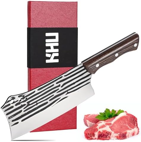 KHU Chef Knife 7.3 inch Butcher Knife Bone Chopper Meat Cleaver knife kitchen knife set Chopping knife cooking knife with Ergonomic Wood Handle, kitchen essentials Gift Box for Family & Restaurant KHU