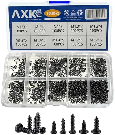 AXK 1000PCS M1 M1.2 M1.4 M1.7 Phillips Round Head Self Tapping Small Screw Micro Screws Electronic Small Black Bolts Wood Screws Kit AXK