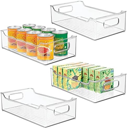 mDesign Wide Plastic Kitchen Storage Container Bins with Handles -Organization in Pantry, Cabinet, Refrigerator or Freezer Shelves - Food Organizer for Fruit, Yogurt, Squeeze Pouches - 4 Pack - Clear MDesign