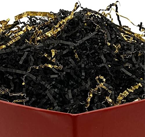 Cutcatwing 4 OZ Black and Gold Crinkle Cut Paper Shred Filler Crinkle Cut Paper Black and Gold Metallic Small Bag for Wedding Gift Wrapping Bags and Filling Gift Baskets Cutecatwing